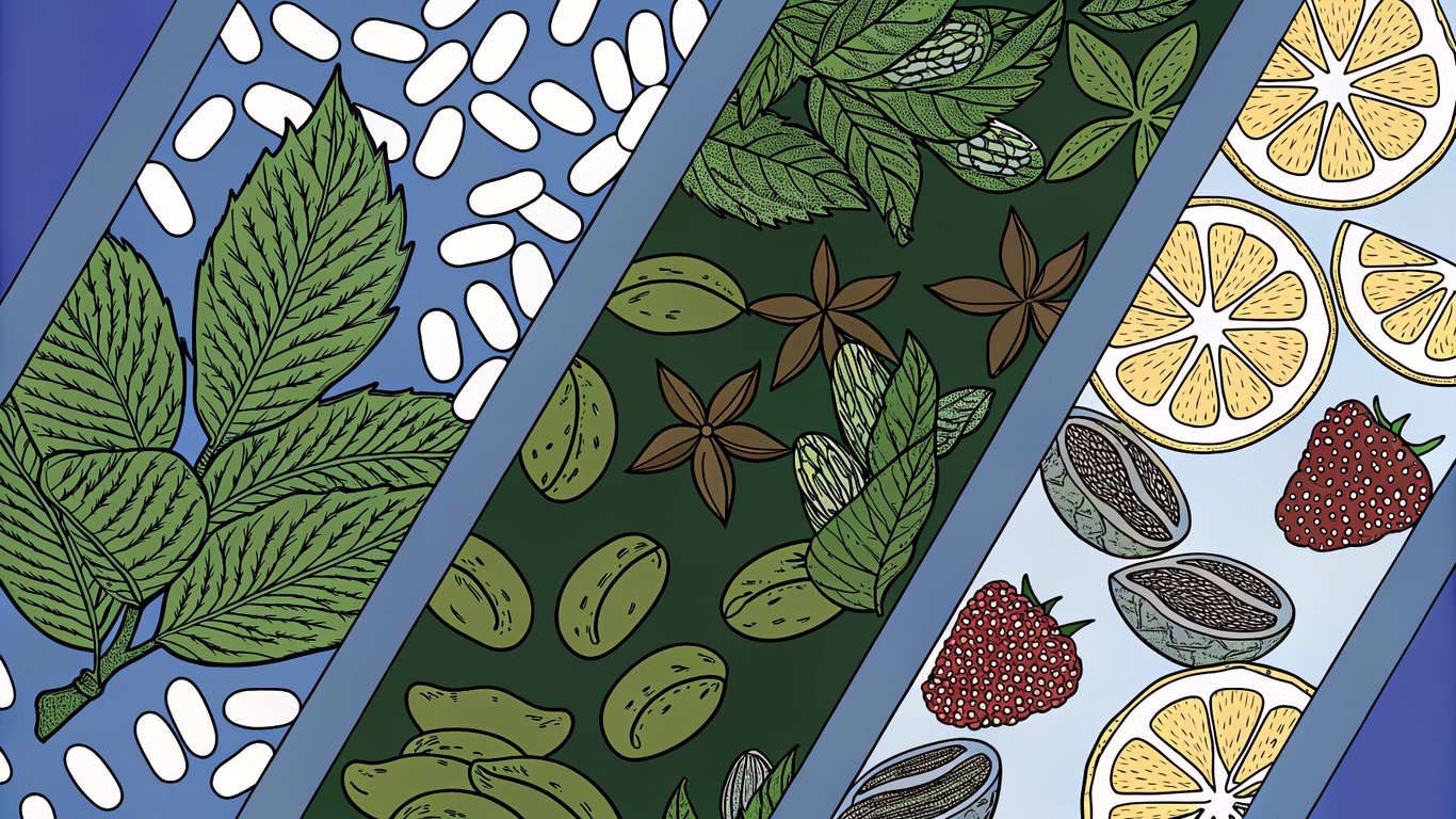 Illustration showing the evolution of nicotine pouch flavors from simple mint to complex fruit, coffee, and spice profiles.