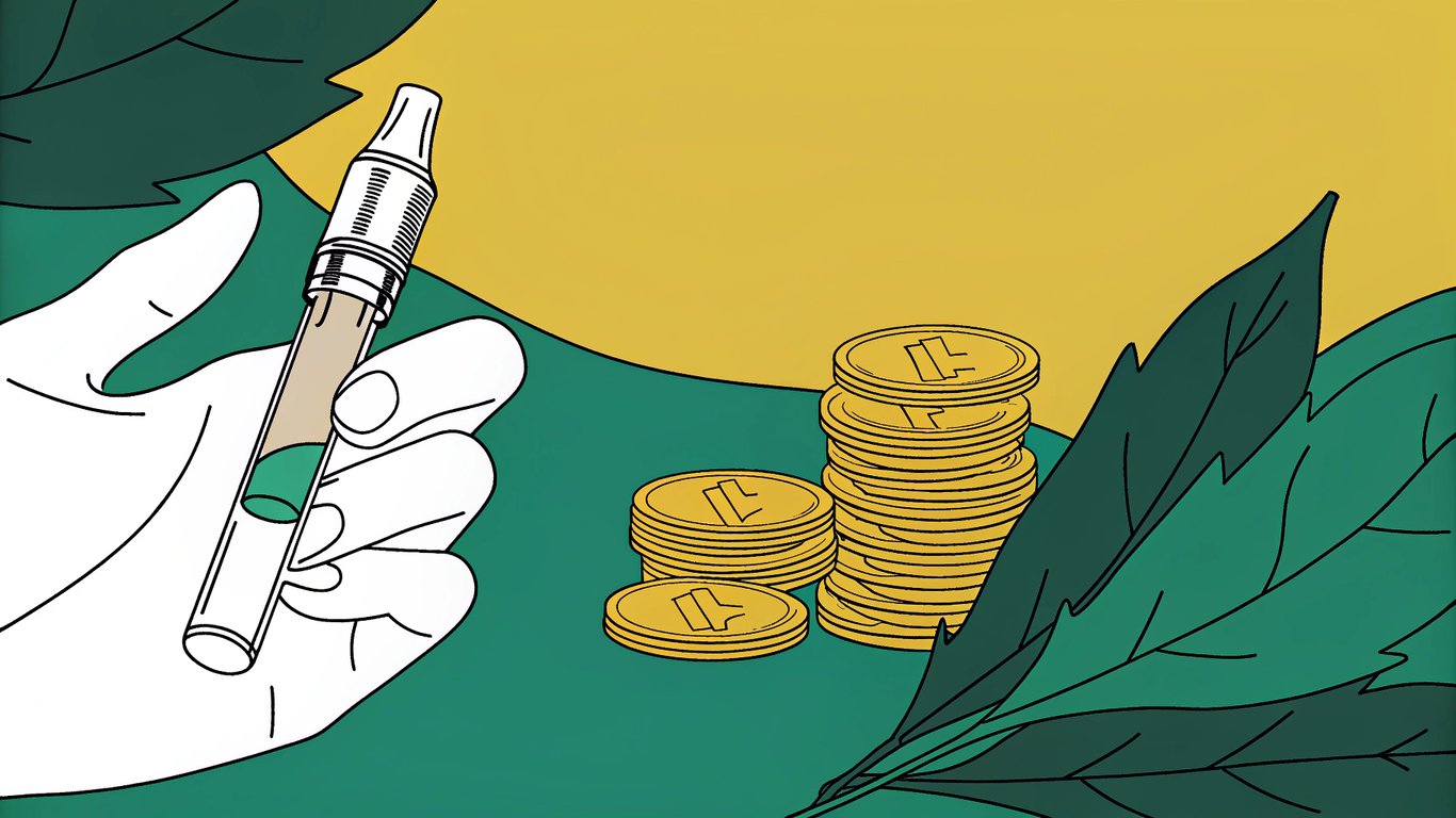 Illustration of a hand holding a reusable vape cartridge, with coins and a leaf, representing cost savings and environmental benefits.