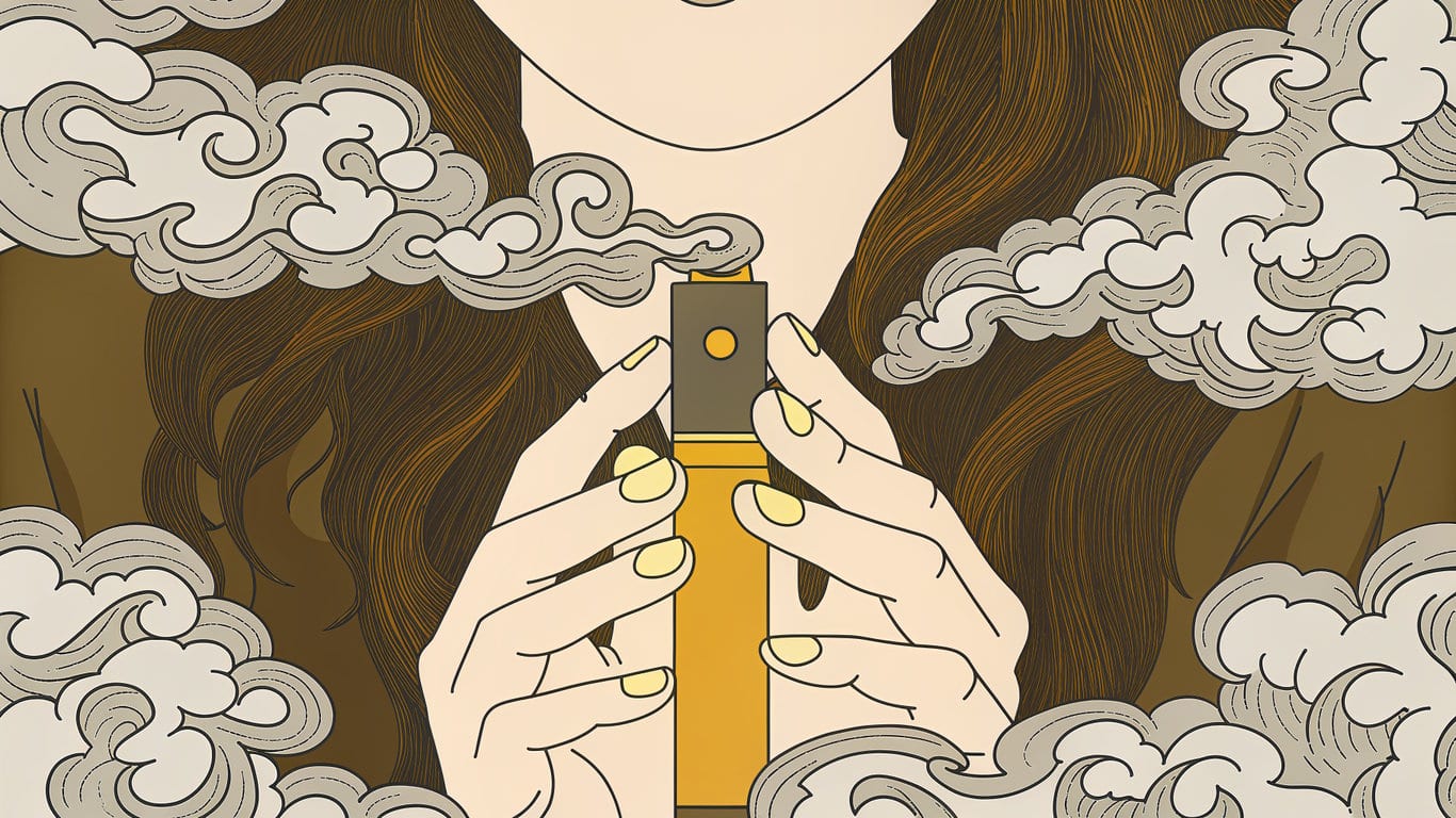 Illustration of a person mindfully holding a vape device, surrounded by calming vapor patterns, representing ritual and controlled breathing.