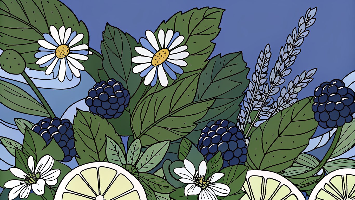 An arrangement of chamomile, lavender, mint, berries, and citrus fruits representing calming and comforting vape flavors.