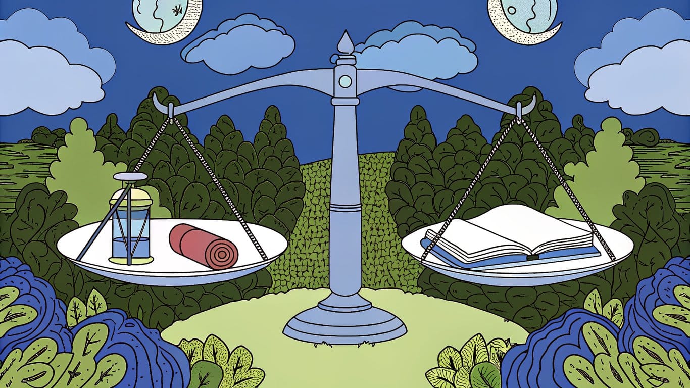A balanced scale with a vape device on one side and symbols of yoga, meditation, and journaling on the other, illustrating integrated stress management.