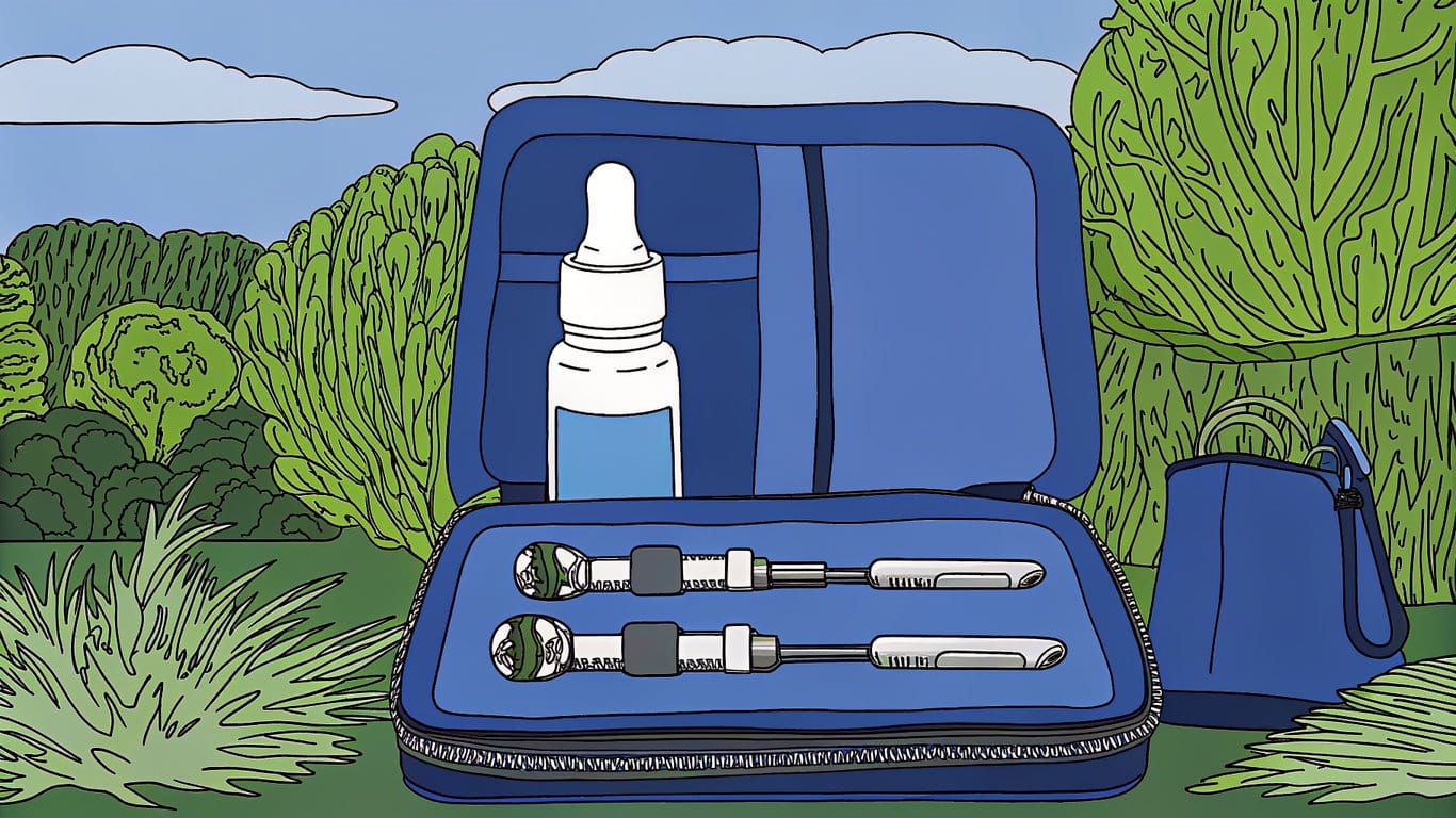 A disassembled vape device with its components and an e-liquid bottle, illustrating proper maintenance and quality.
