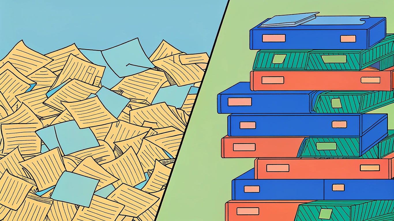 Illustration showing a messy pile of review notes next to an organized, structured set of review documents.