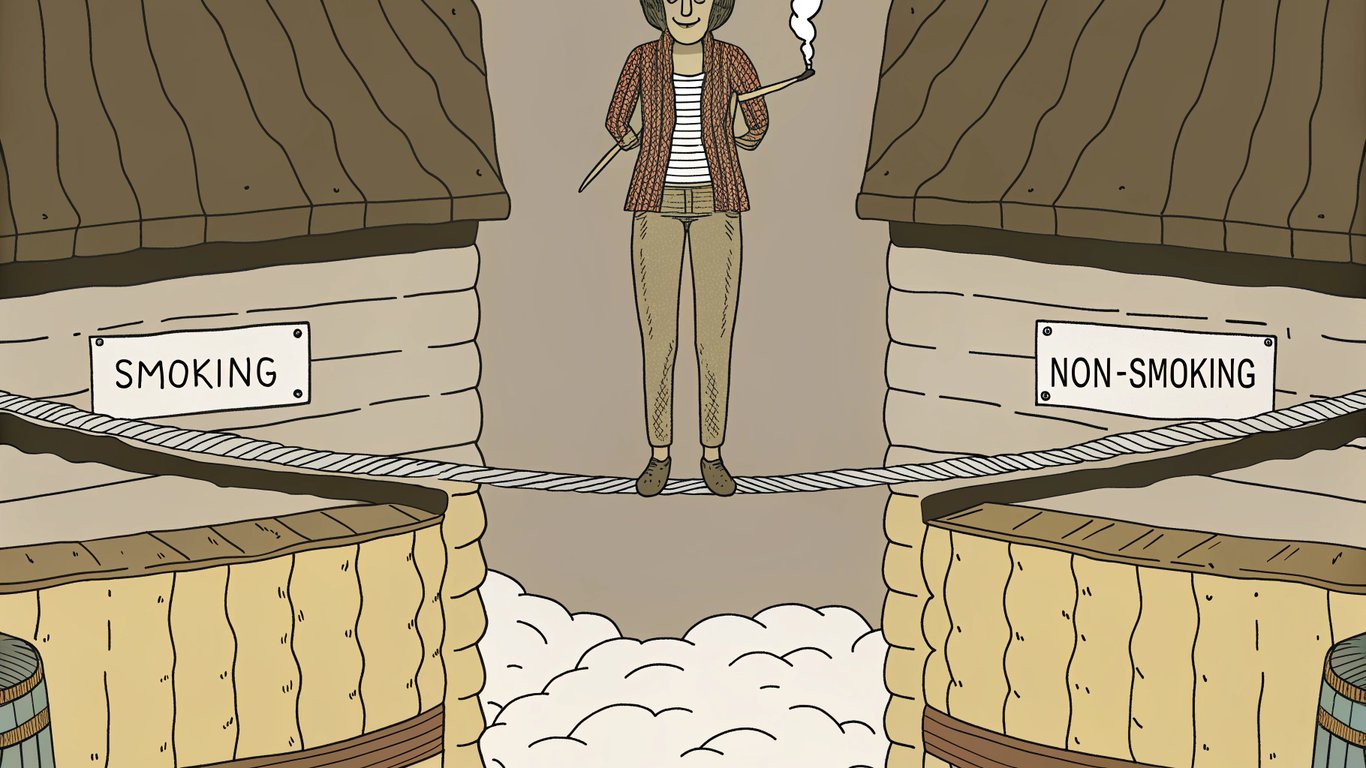 Illustration of a person balancing on a tightrope between smoking and non-smoking areas, symbolizing the ambiguous social position of vaping.