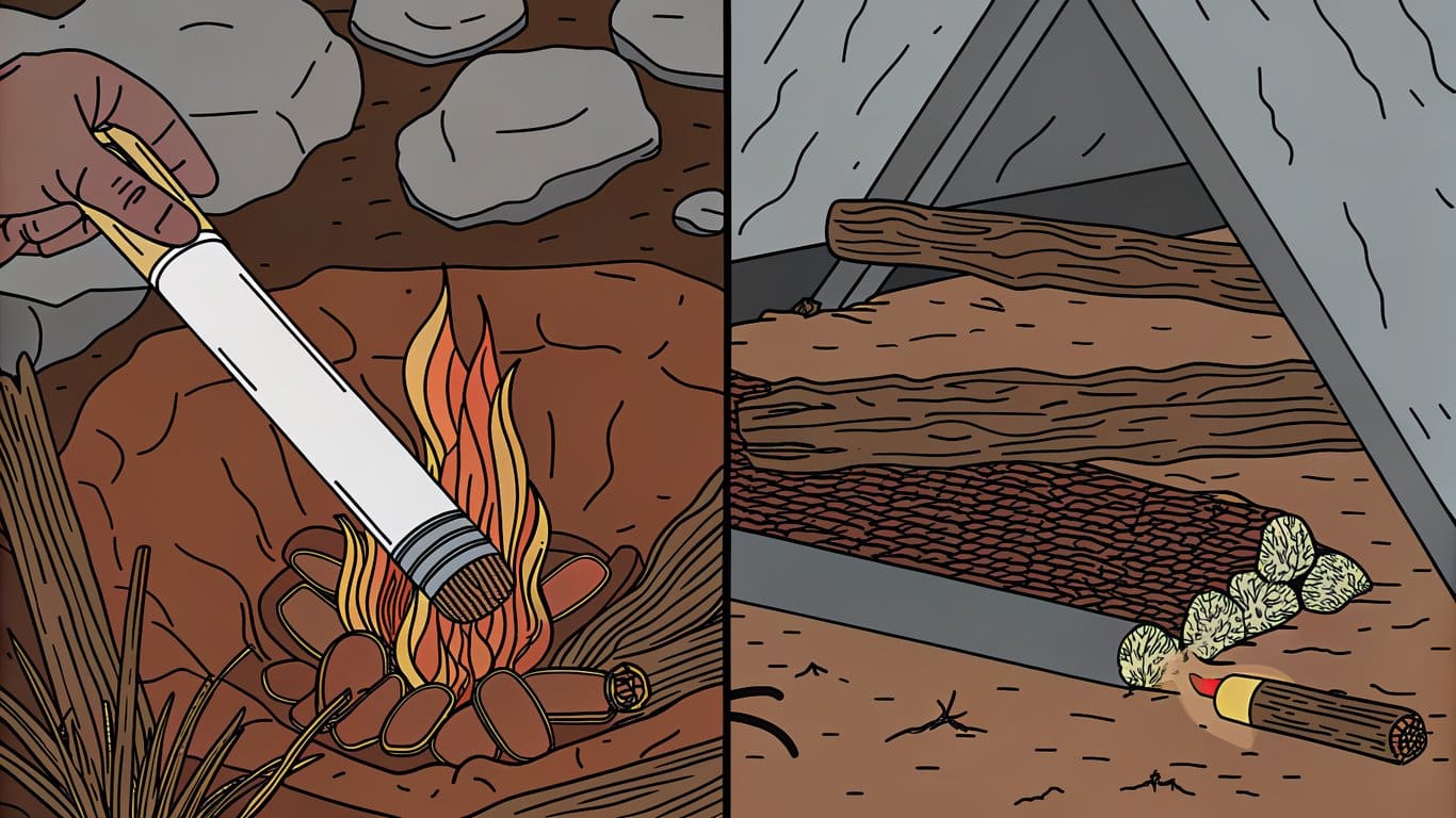 Illustration comparing a burning traditional cigarette with a heated tobacco device releasing vapor.