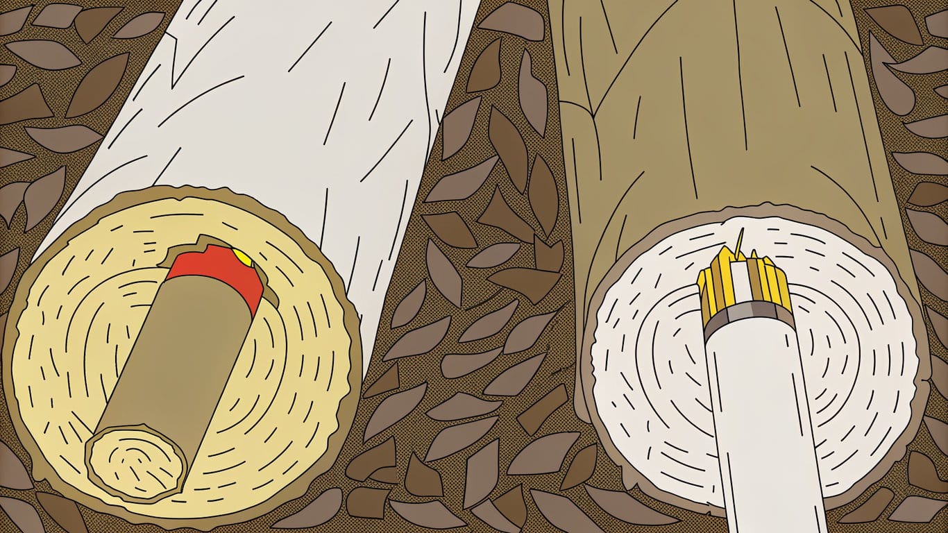 Diagram comparing two heated tobacco systems: one using a heating blade, the other using induction heating.