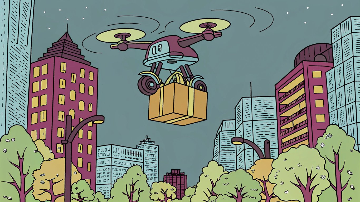 A delivery drone flying over a city at night, carrying a package with a vape icon, representing 24-hour vape delivery.