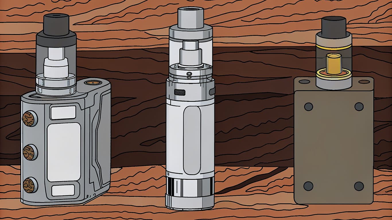 Comparison of different vape device types: pod system, tank system, and pen-style cartridge.