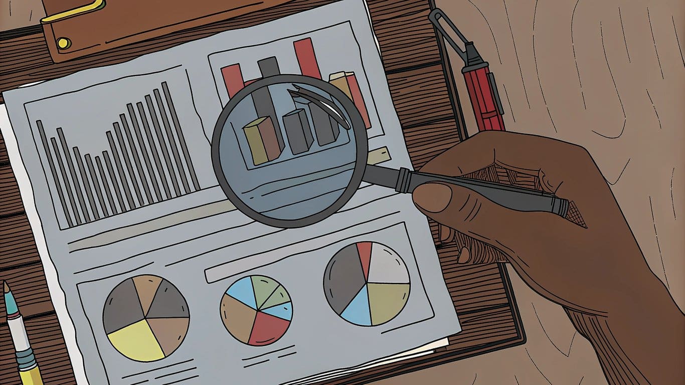Illustration of a hand examining data, reviews, and a vape device, representing a detailed flavor curation process.