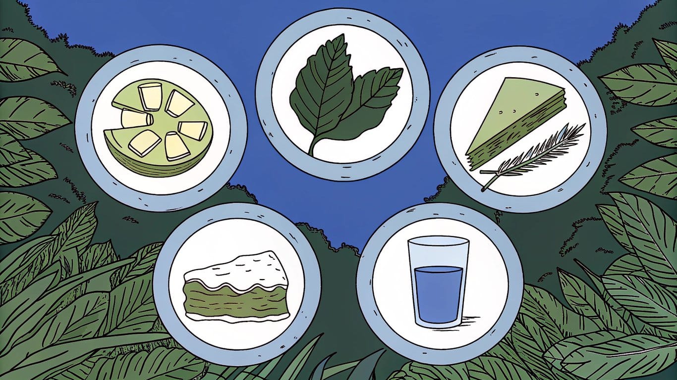 Illustration of five icons: fruit, ice cube, cake, tobacco leaf, and beverage glass, representing the main vape flavor categories.