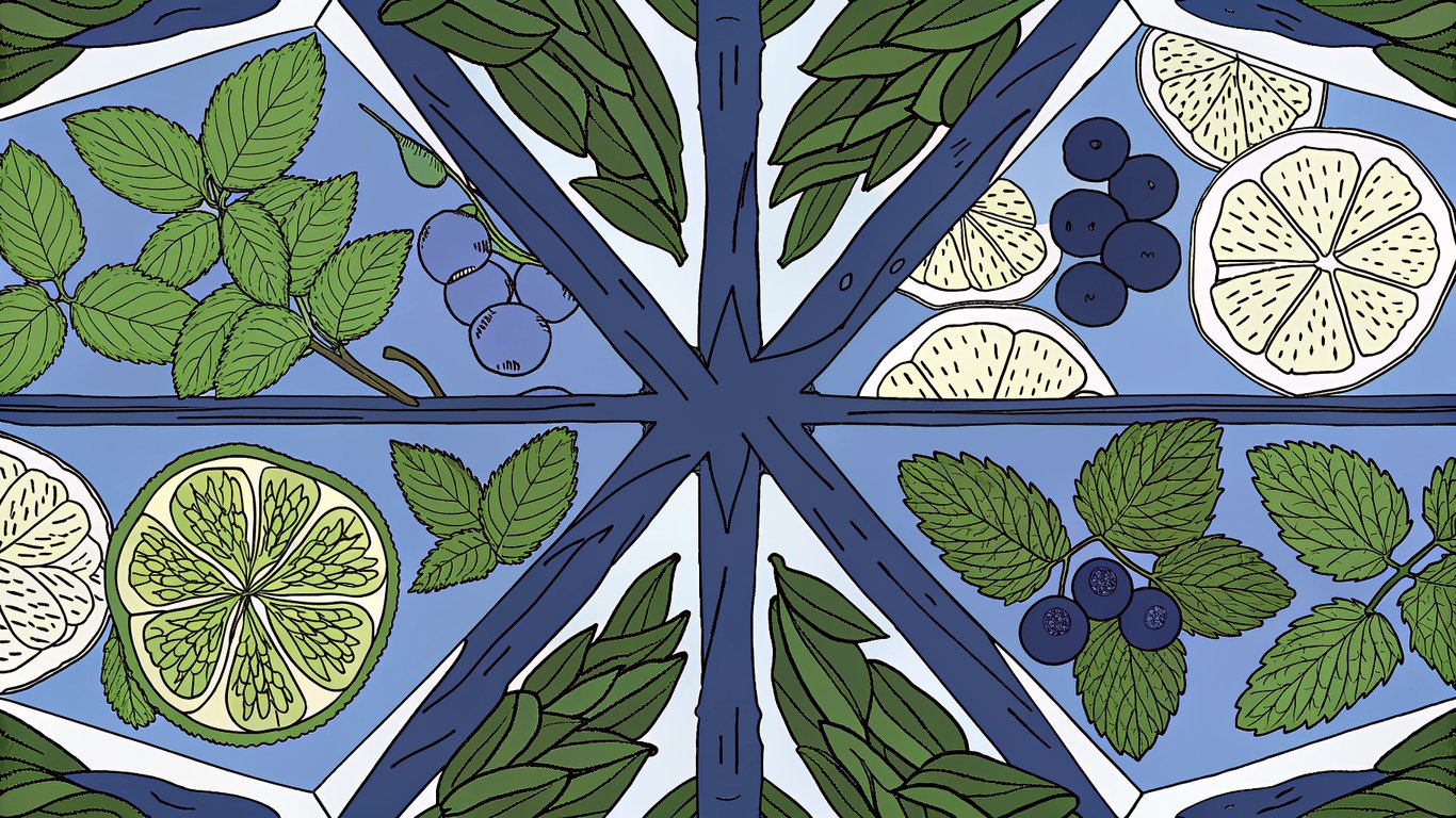 An illustration of diverse flavor ingredients such as fruits, vanilla, tobacco, and mint arranged as building blocks, representing the fundamental notes of e-liquids.