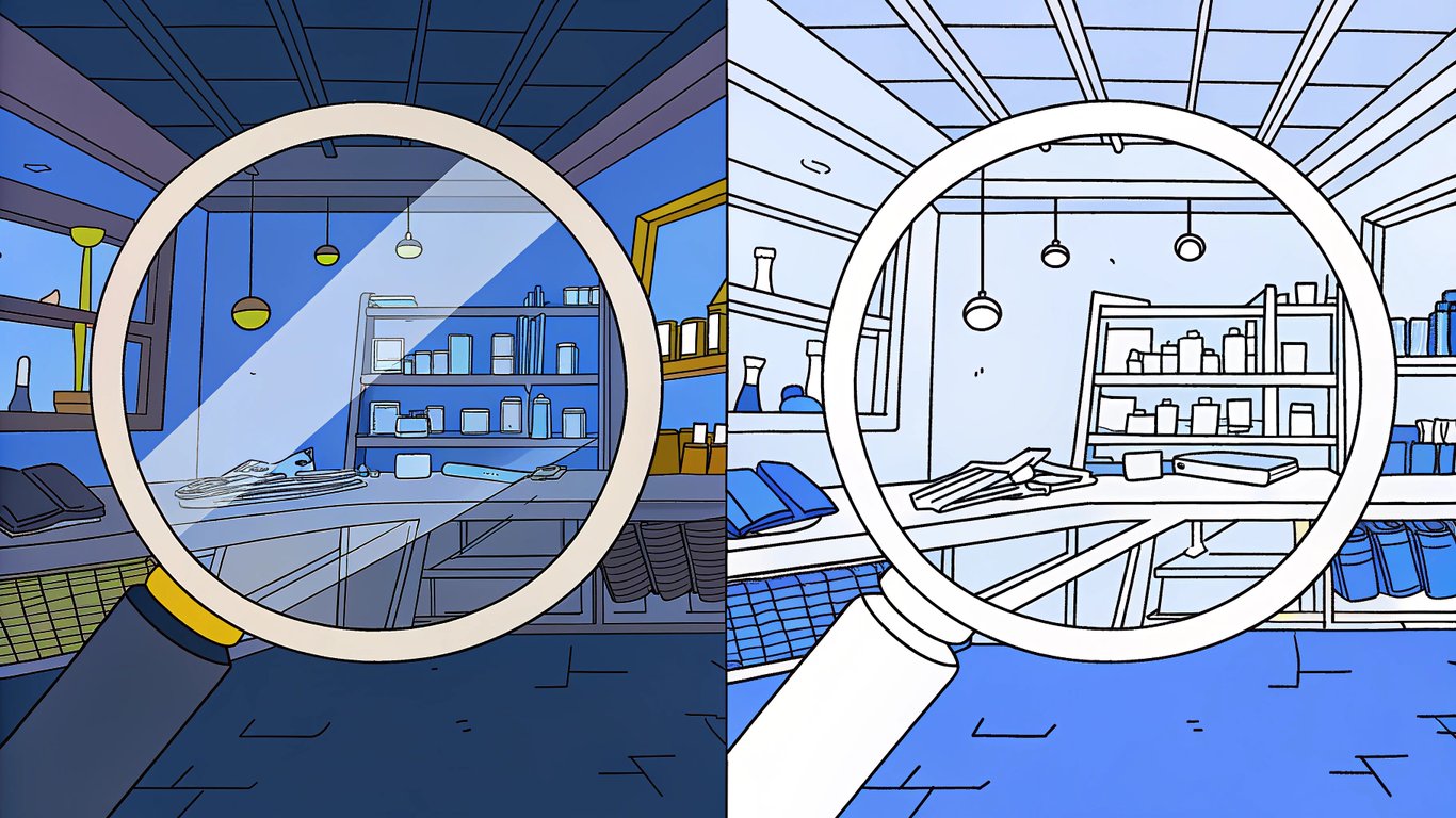 A magnifying glass highlights a reputable vape shop next to a less trustworthy one.