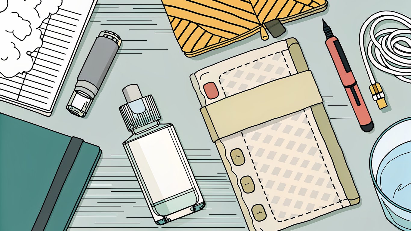 Flat lay of essential vape tasting tools including a vape device, coils, cleaning supplies, water, and a notebook.