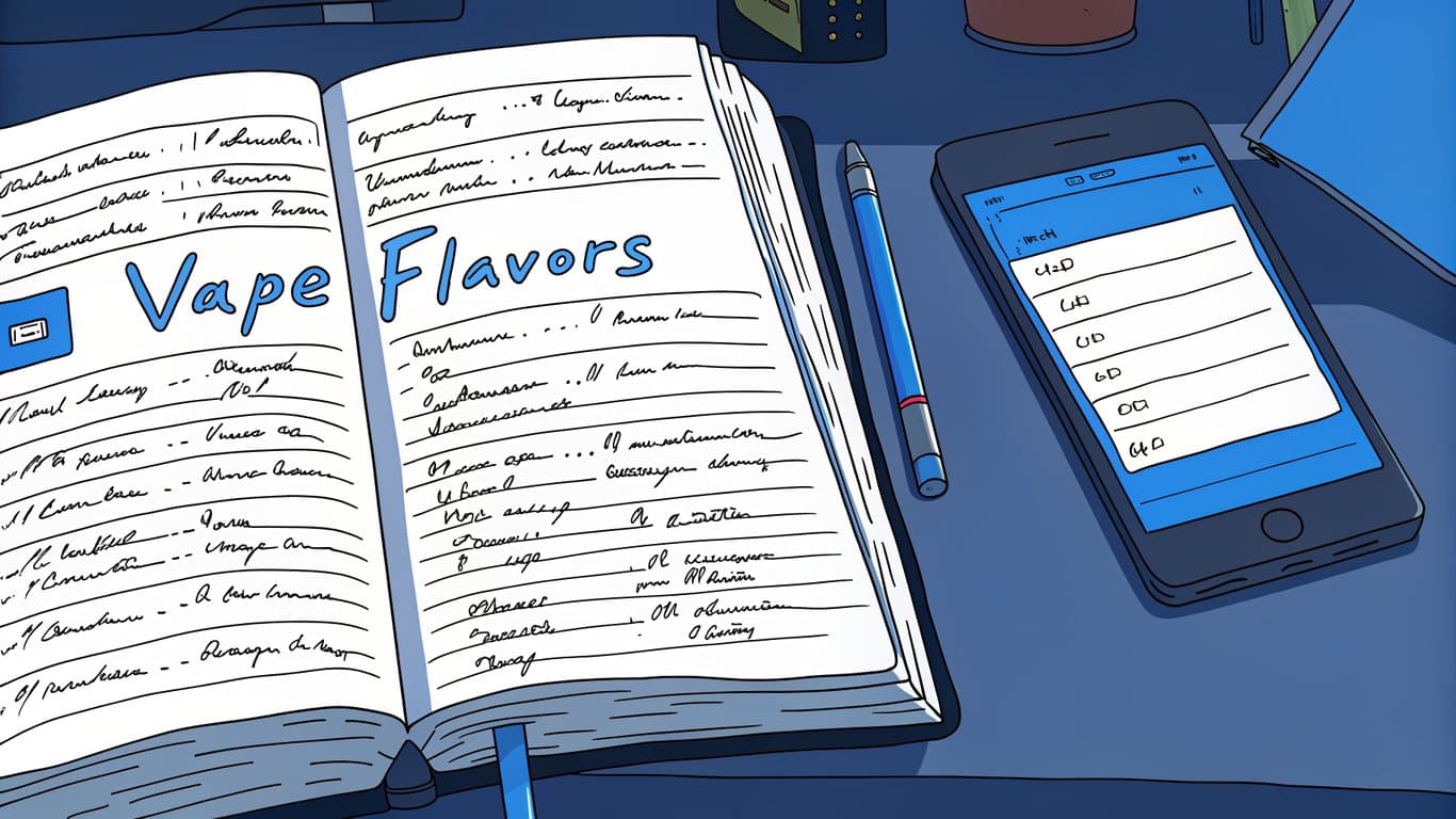 A notebook and smartphone showing organized notes for vape flavor documentation.