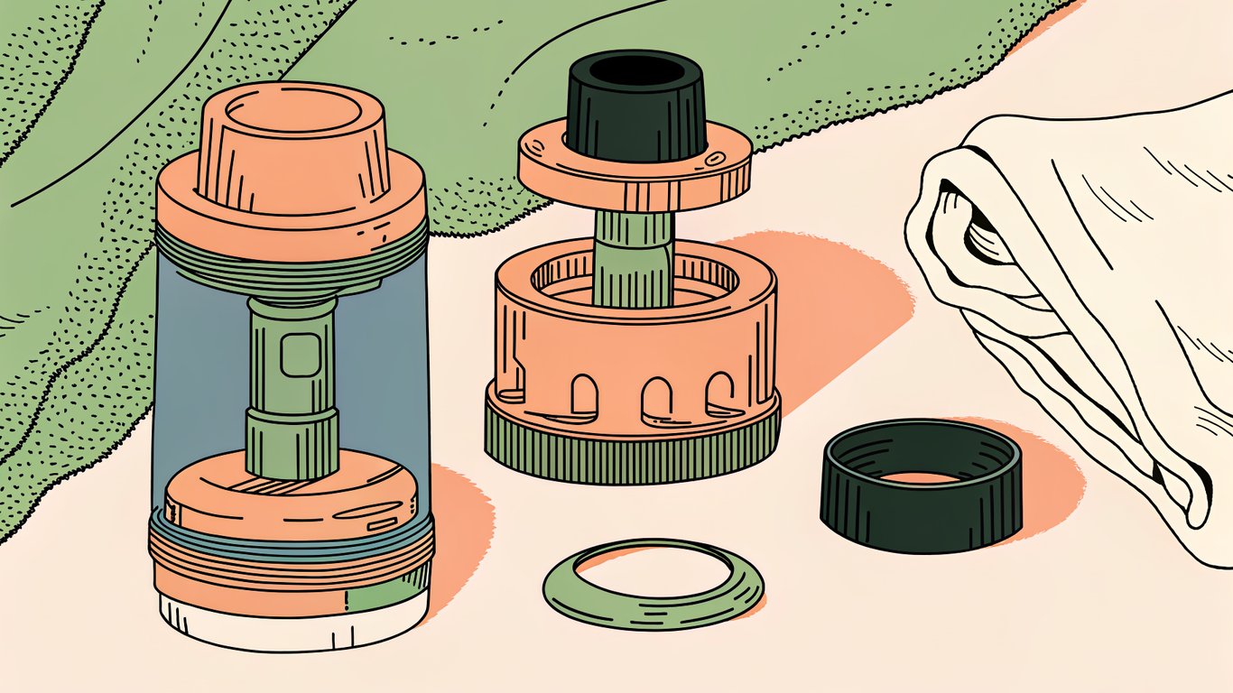 Disassembled vape tank components laid out to dry after cleaning.