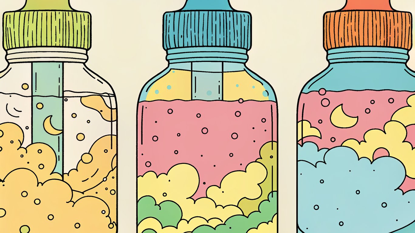 Three vape juice bottles demonstrating signs of spoilage: clear, separated layers, and cloudy with particles.