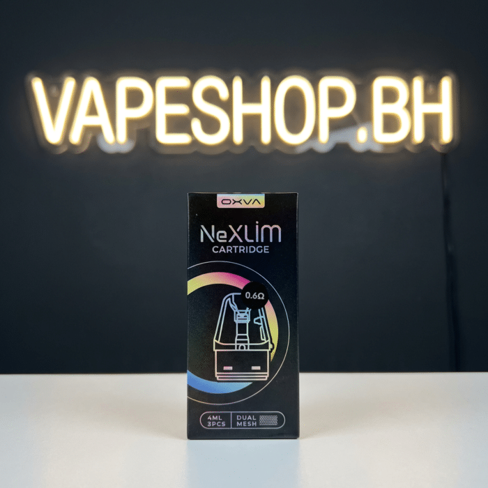 Close-up of oxva nexlim 0. 6ω nexlim cartridge, clear 4ml e-liquid chamber, leak-proof pod for vape bahrain shop