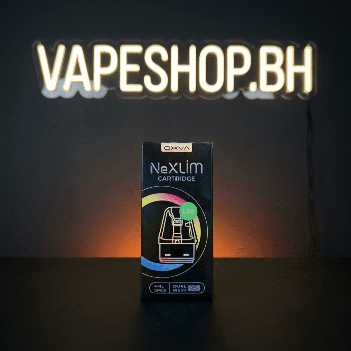 Oxva nexlim cartridge side angle showing 0. 8ω resistance, top-fill port, premium dual mesh pod for bahrain vaping
