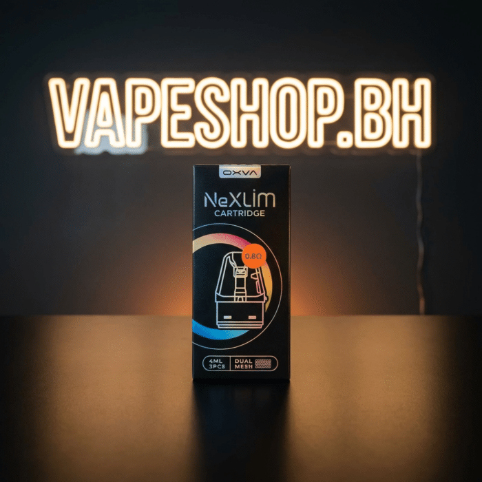 Angled view of oxva 1. 2ω nexlim cartridge, 4ml capacity transparent body, mtl/rdl compatible nexlim pod bahrain