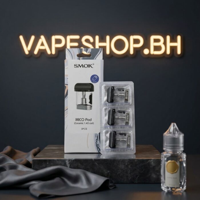 **smok mico pod** close-up displaying on/off switch, pod base markings, compact mtl pod for bahrain vape shop.