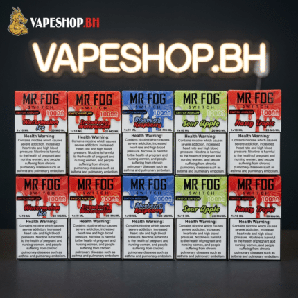 Sleek Mr Fog 10k disposable vape in black with digital screen showing battery and e-liquid levels, Bahrain vape essential.