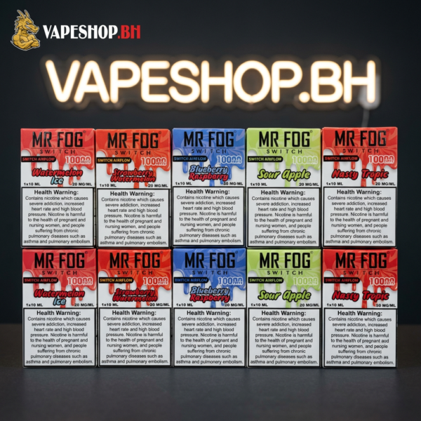 Sleek Mr Fog 10k disposable vape in black with digital screen showing battery and e-liquid levels, Bahrain vape essential.