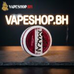 Mazaj Nicotine Pouches pack displaying strength info and compact shape on dark background for Bahrain