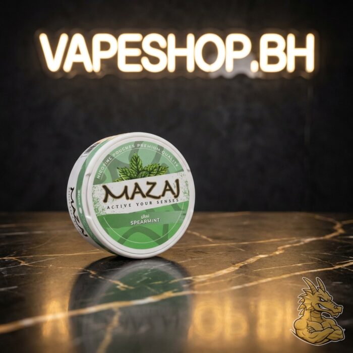 Stack of mazaj nicotine pouches tins in black, highlighting portable size for bahrain users