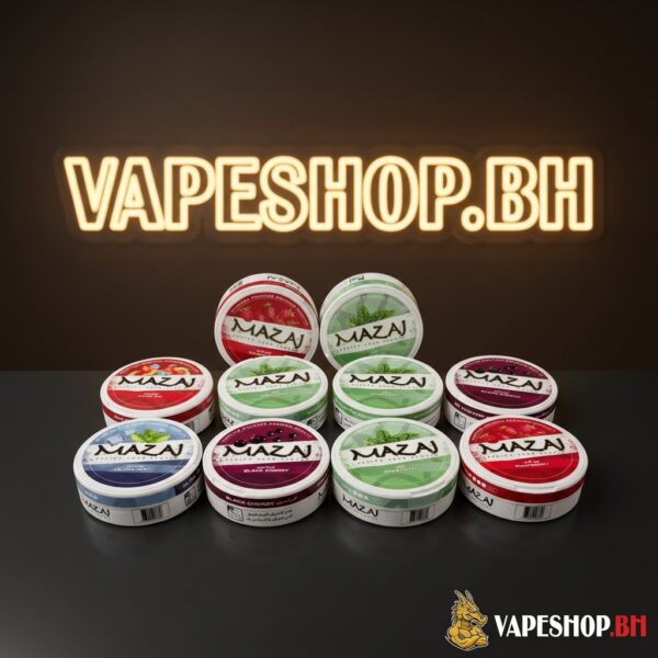 Mazaj Nicotine Pouches tin with sleek black design and flavor label, perfect for Bahrain vapers