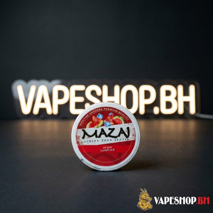 Full view of mazaj nicotine pouches packaging, black tin with clear nicotine pouch info bahrain