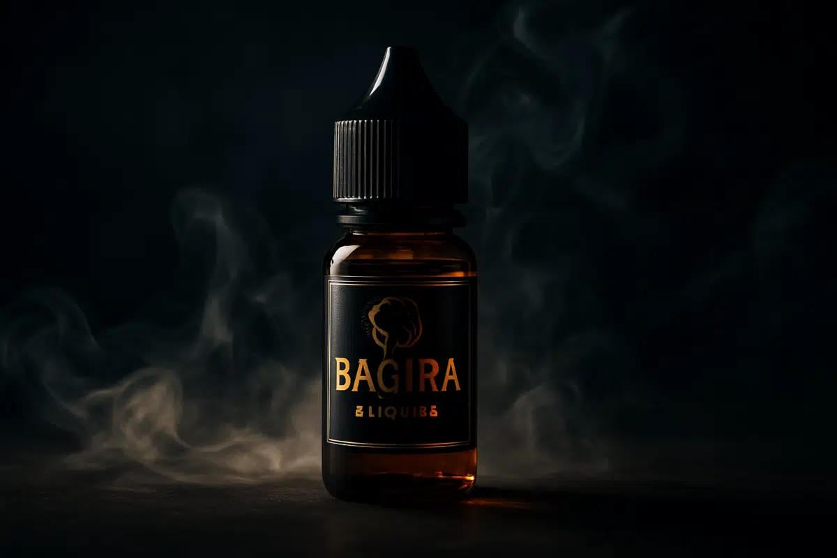 Bagera E-Liquids Freebase bottle with dramatic studio lighting and vapor effects