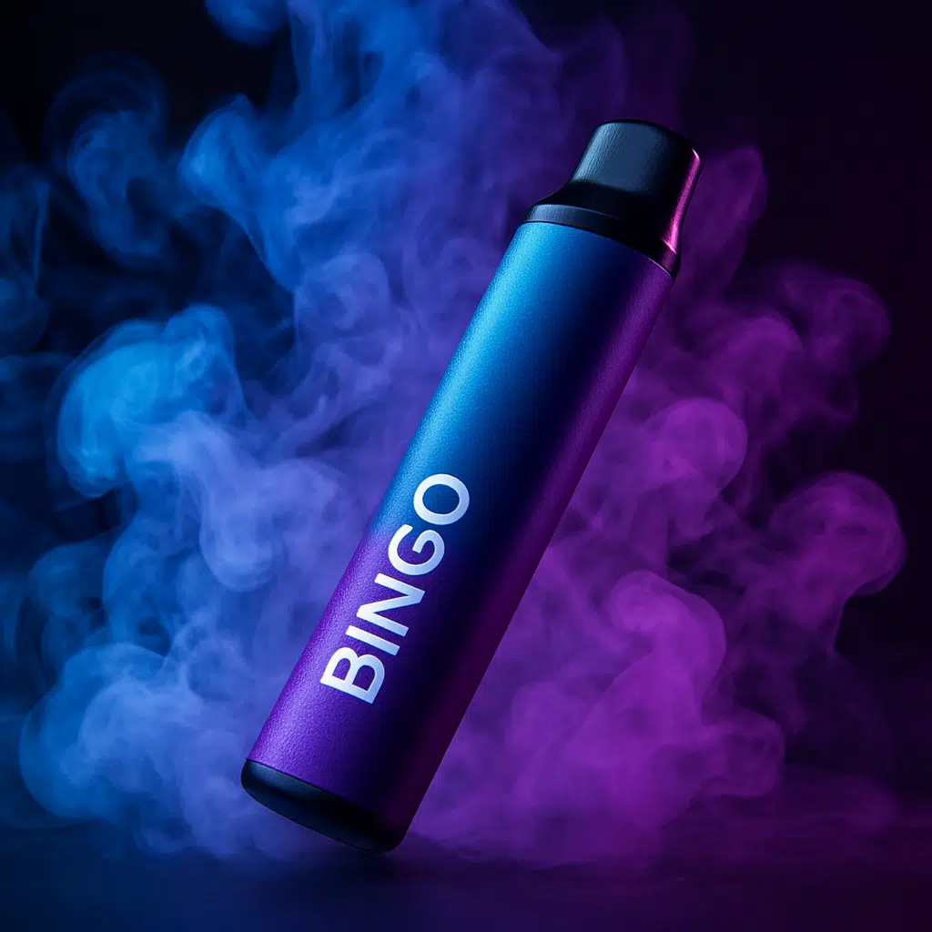 Bingo Bar Disposable Vape Review: 6000 Puffs Of Smooth Mtl Vaping 3 Bingo bar 6000 puff disposable vape with vapor cloud and moody color lighting