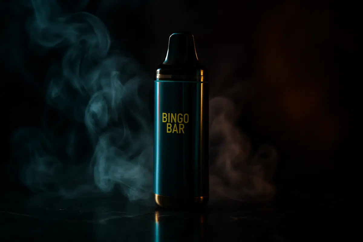 Bingo Bar disposable vape with vapor wisps, dramatic studio lighting, dark moody aesthetic