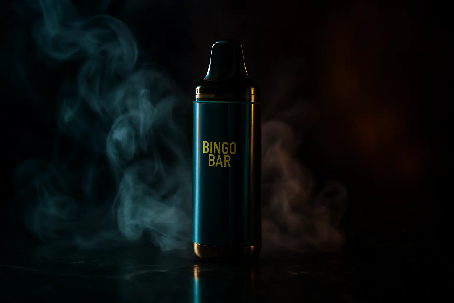 Bingo bar disposable vape with vapor wisps, dramatic studio lighting, dark moody aesthetic