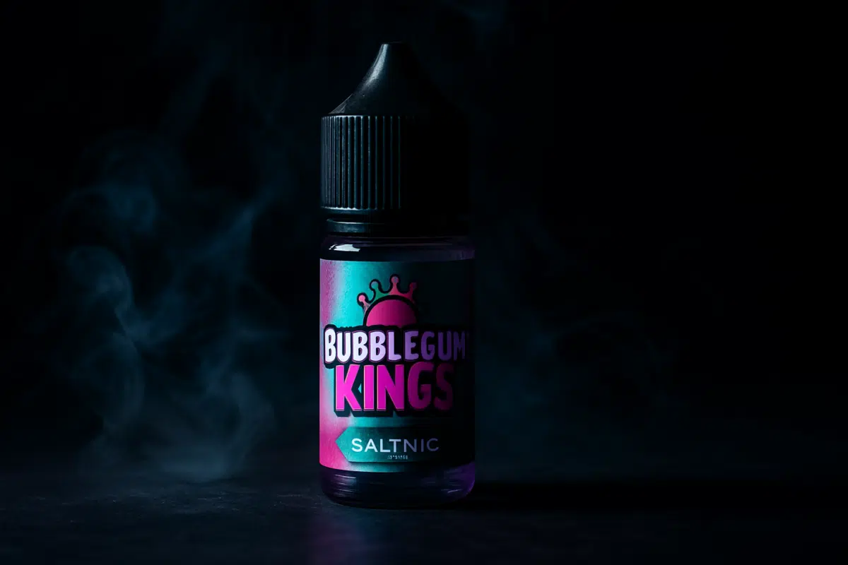 Bubblegum Kings E-Liquid Saltnic 30ml bottle with dramatic side lighting and vapor effects