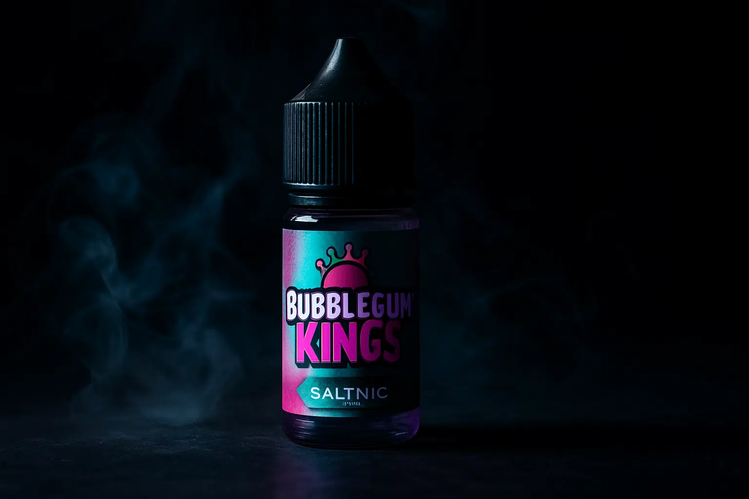 Bubblegum kings e-liquid saltnic 30ml bottle with dramatic side lighting and vapor effects