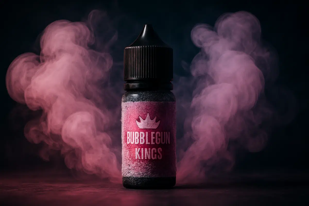 Bubblegum Kings Freebase E-Liquid hero image with massive vapor bubblegum clouds and icy menthol effects