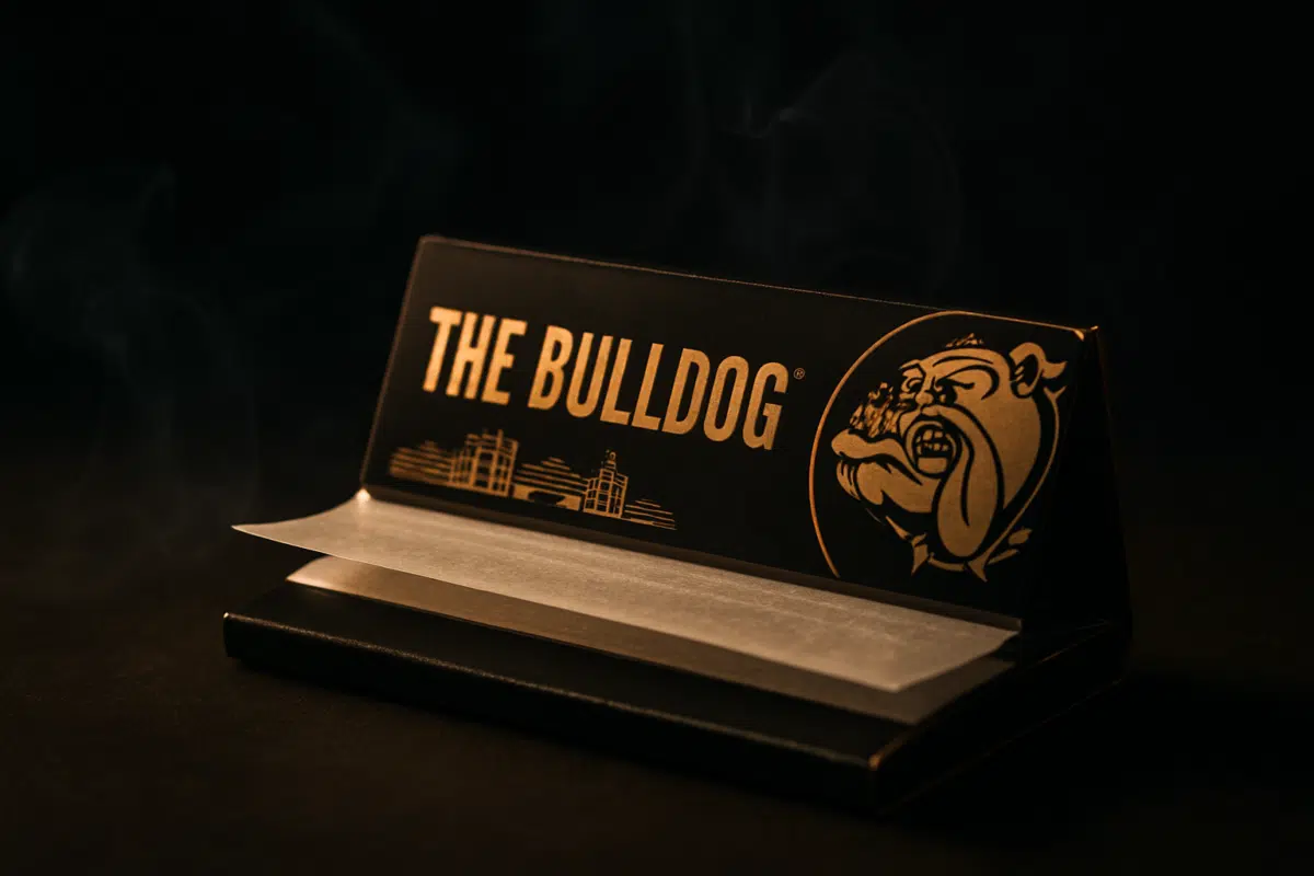 Bulldog Rolling Paper hero image showcasing Amsterdam icon booklet with slow-burning papers and dramatic vapor wisps