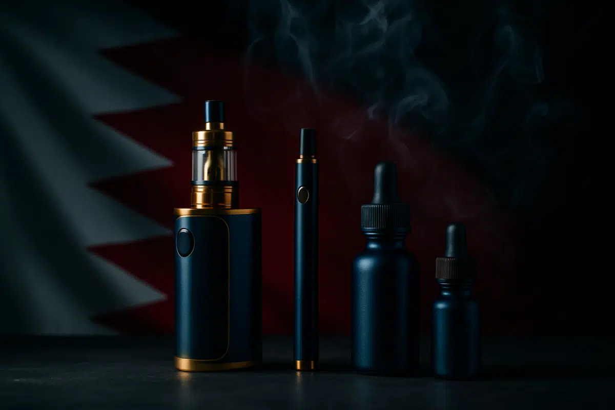Hero image of vaping products on Bahrain flag symbolizing legal vaping guide for 2026