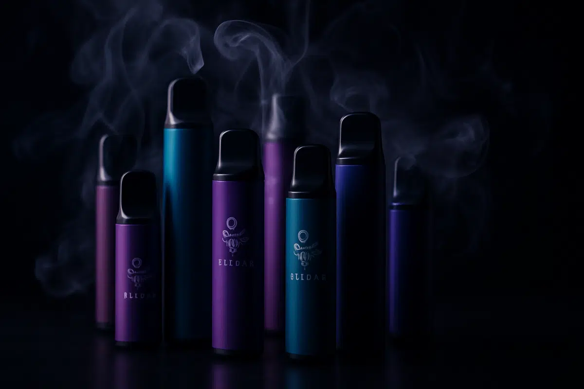 Elf Bar disposable vapes with vapor wisps in dramatic studio lighting for Bahrain guide