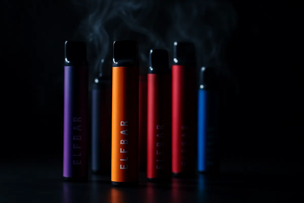 Elf Bar disposable vapes Bahrain with vapor wisps and dramatic lighting