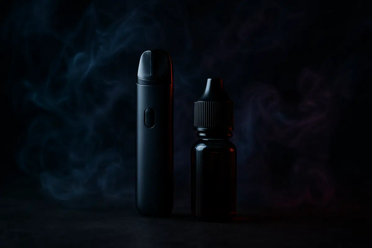 Hero image: Pod vape starter kit and e-liquid bottle with dramatic lighting and vapor effects