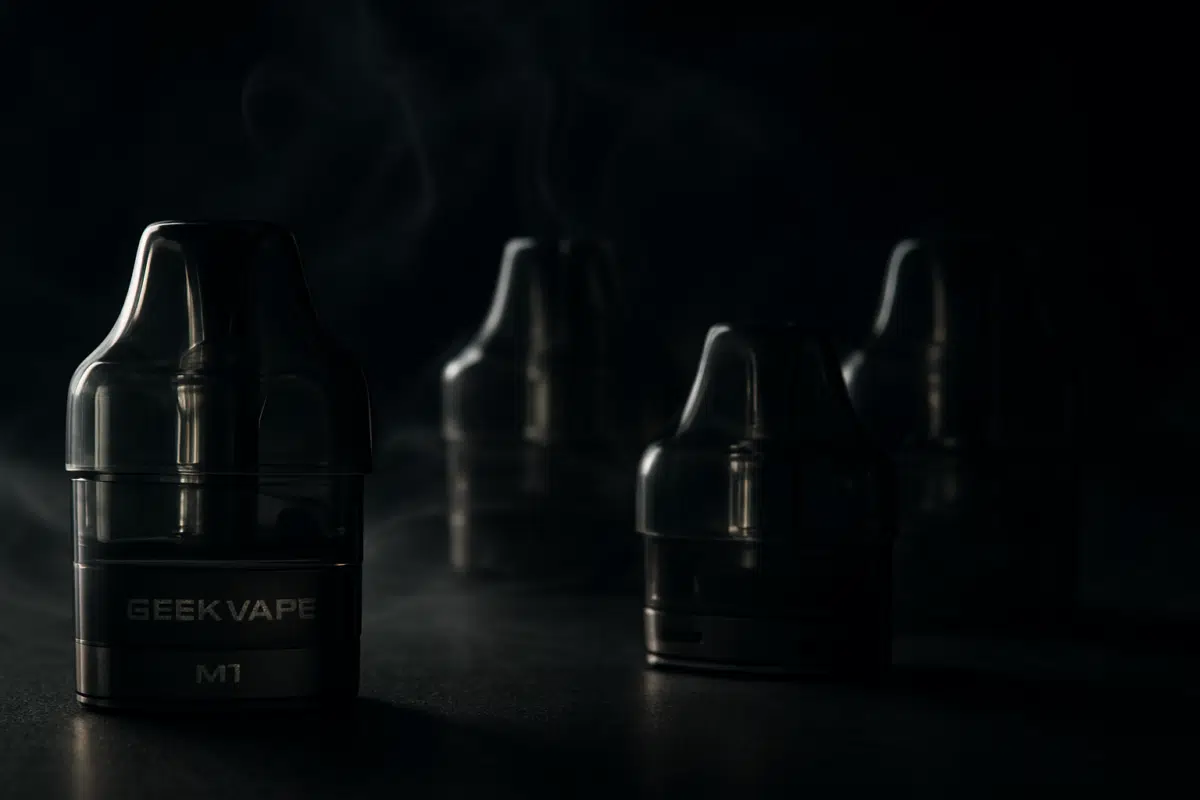 Geekvape M1 Cartridge replacement pods for Wenax M1, M2, and M1 Mini devices in dramatic studio lighting with vapor effects.