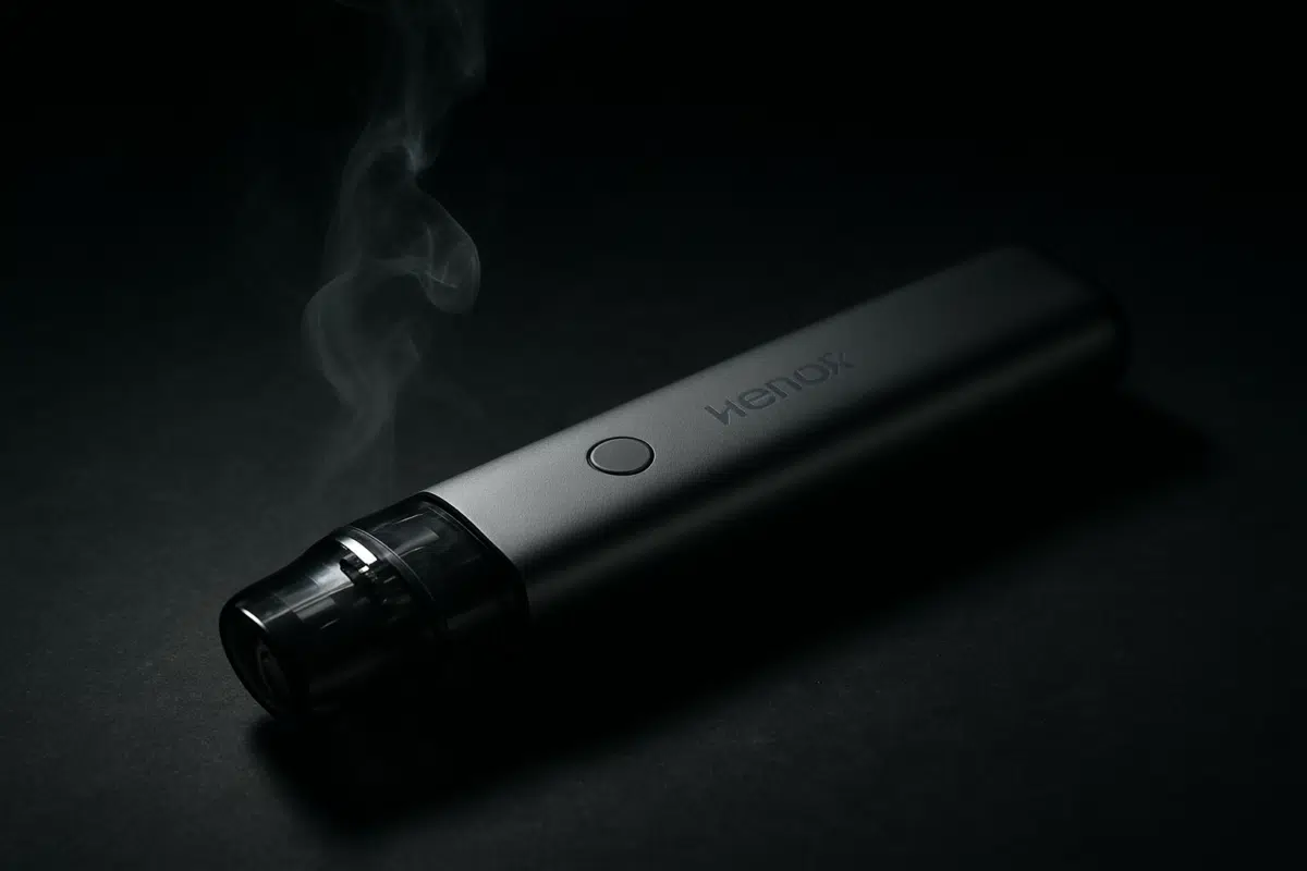 Geekvape Wenax K1 Cartridge pod system with vapor wisps, showcasing MTL design for consistent flavor