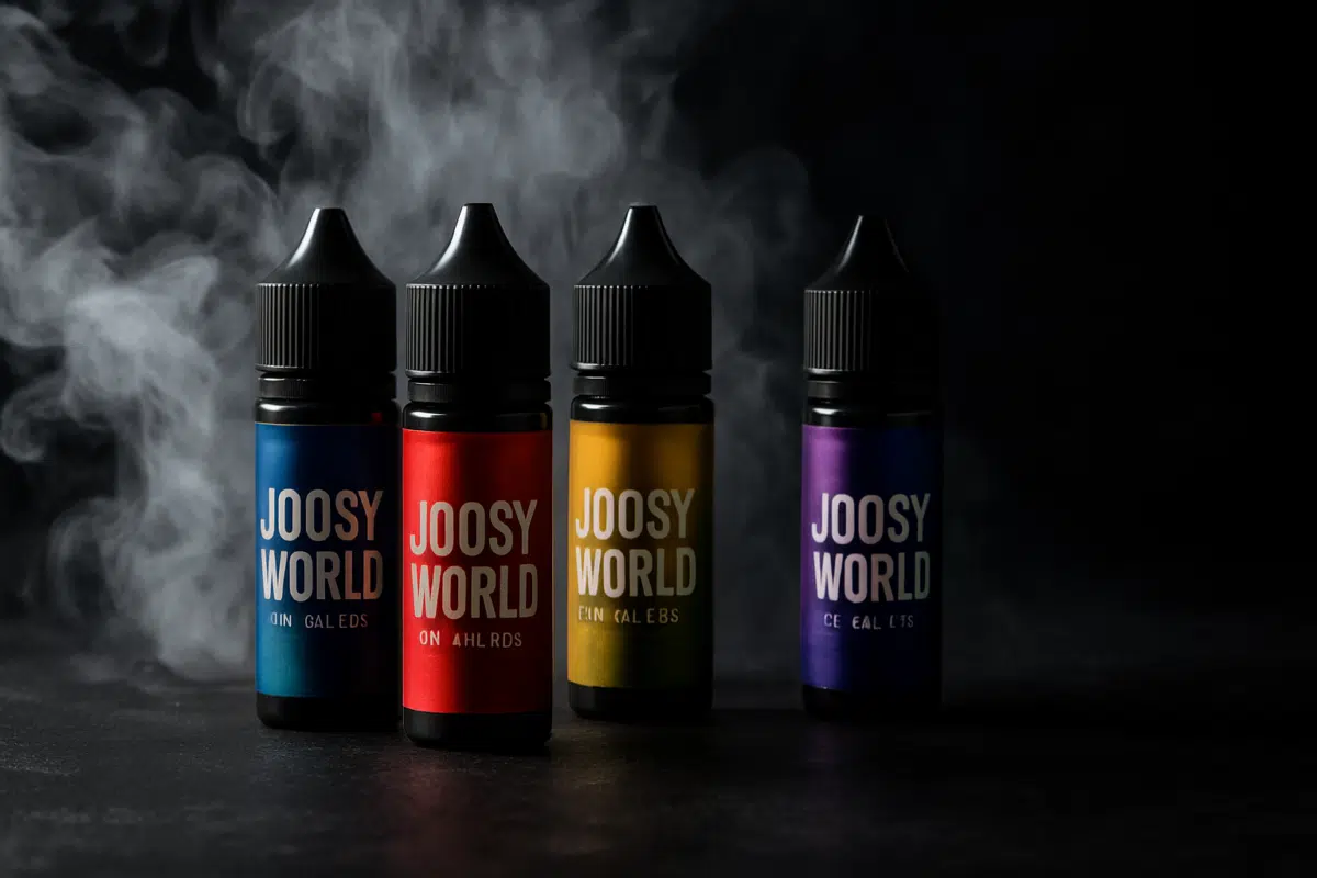 Joosy World E-Liquids Freebase hero image with premium cloud chasing vapor clouds and dramatic lighting