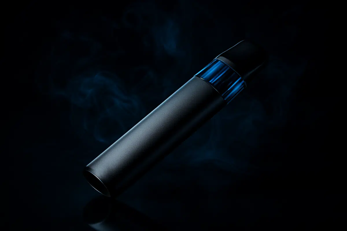 Kiwi Spark Kit compact MTL vape pen with dramatic studio lighting and vapor wisps