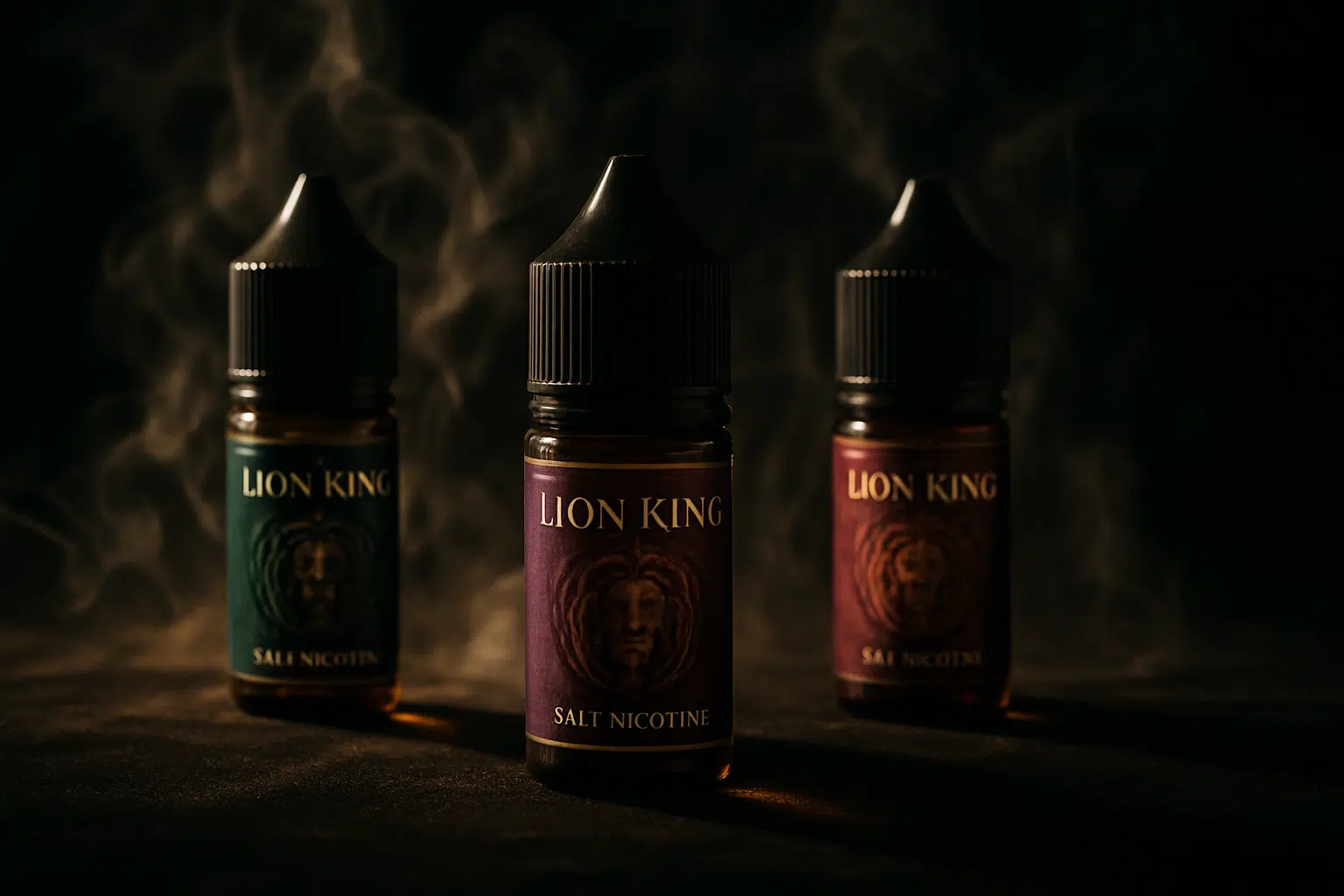 Lion king salt nicotine e-liquid bottles in dramatic vapor display for premium mtl vaping in bahrain