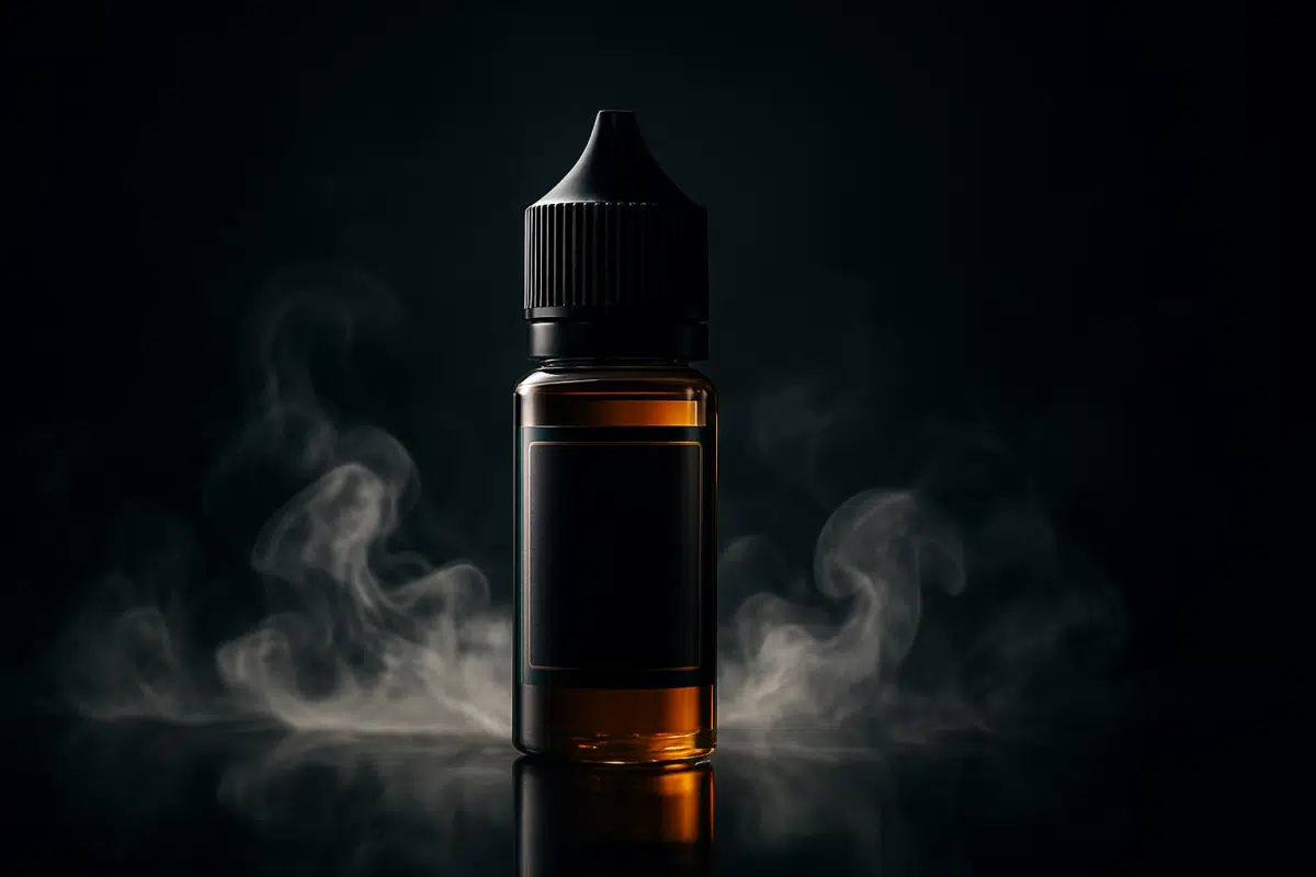 Max E-Liquids Freebase bottle with dramatic studio lighting and vapor wisps on dark background