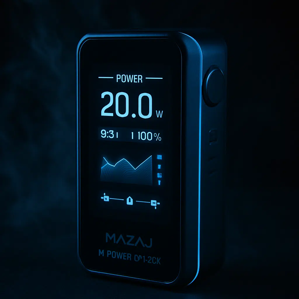 Mazaj M-Power Dtl 20K Review: 20,000 Puffs Of Cloud Chasing Power 2 Mazaj m-power dtl 20k big screen showing e-liquid and battery status with dynamic ui