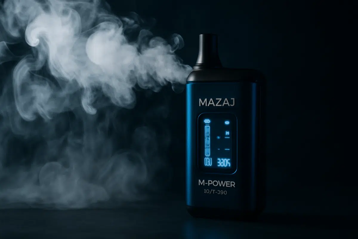 Mazaj M-Power DTL 20k disposable vape producing massive 20,000 puff clouds in dramatic studio lighting